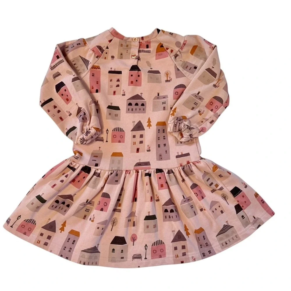 DEUX‎ PAR DEUX GIRLS FRENCH TERRY PINK CORAL HOUSES LONG SLEEVE DRESS 5